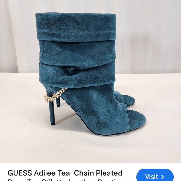 Guess Women's size 8 1/2 Blue Suede Boots with Gold Chain peep  toe , 5 1/2 inch - Picture 1 of 7